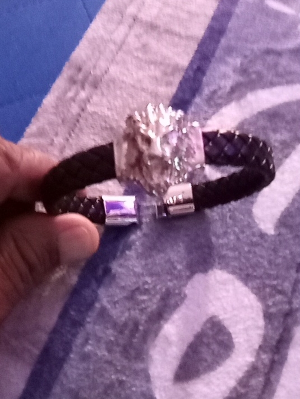 Black Braided Leather Bracelet with Silver Lion Head